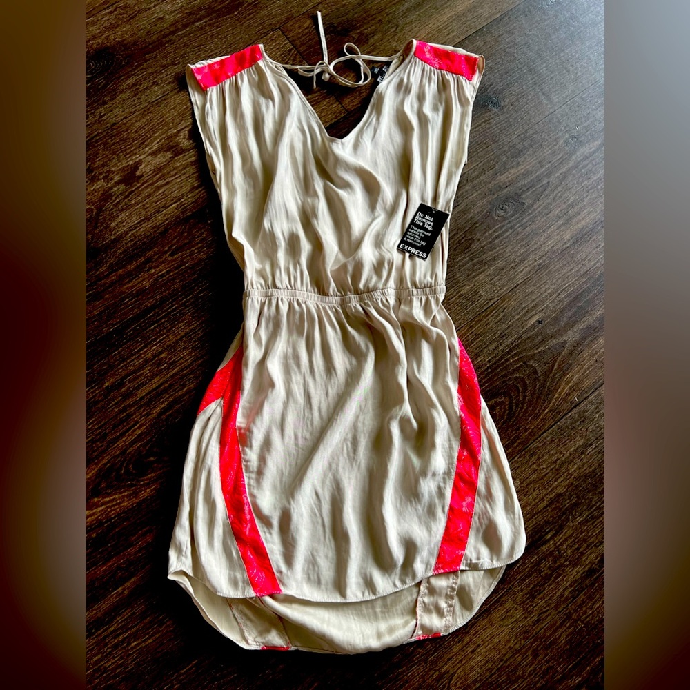 Express satin Tan / Beige short dress with orange accents, New with tags.